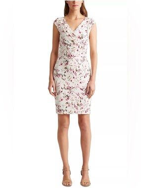 Lauren-Ralph Lauren-Floral-Jersey-Surplice-Dress-Pink-White-Floral-Size 4